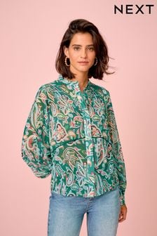 Green Paisley Trim Detail Button Front Top (A90484) | OMR13