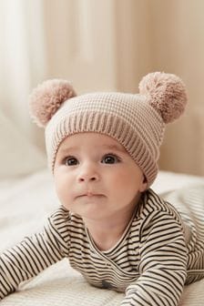 Beige Brown/Cream Stripe Double Pom Pom Knitted Baby Hat (0mths-2yrs) (A90973) | 191 UAH