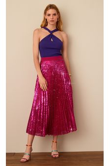 Pink Sequin Pleated Midi Skirt (A91085) | OMR26