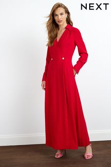 Red Tailored Midi Wrap Shirt Dress (A91397) | $84
