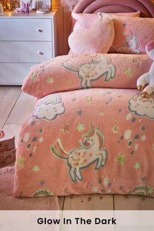 Pink Glow In The Dark Party Unicorn Fleece Duvet Cover and Pillowcase Set (A91726) | 38 € - 54 €
