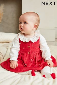 Red Baby Pinafore Dress And Bodysuit 3 Piece Set (0mths-2yrs) (A91733) | OMR11 - OMR12