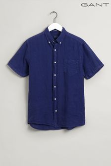 Gant - Blauw geverfd linnen overhemd met korte mouwen en standaard pasvorm (A91757) | €124