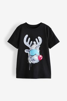 Black Christmas Reindeer Short Sleeve T-Shirt (3-16yrs) (A91766) | €10 - €16