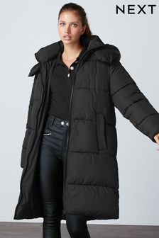 Black Shower Resistant Padded Mid Length Hooded Coat (A91881) | kr591
