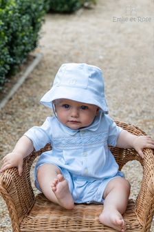 Emile Et Rose Blue Embroidered Chest Panel Romper With Hat (A92721) | $77