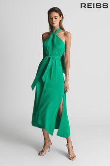 Reiss Green Evvie Tie Waist Halterneck Midi Dress (A93383) | $376