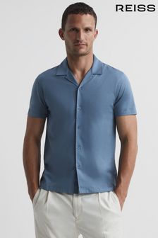 Reiss Steel Blue Caspa Mercerised Jersey Cuban Collar Shirt (A93420) | ₪ 496