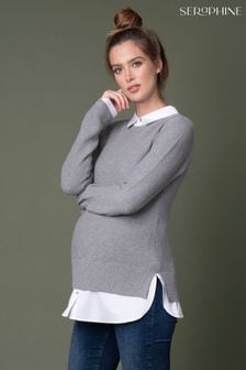 Seraphine Grey Mock Shirt Cotton Mix Maternity And Nursing Jumper (A93795) | AED360