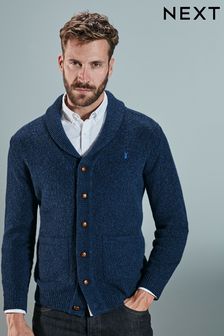 Bleumarin albastru - Cardigan tricotat șal din lână de miel Premium (A94031) | 366 LEI