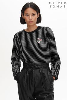 Oliver Bonas Black Floral Embroidered And Striped Long Sleeve Top