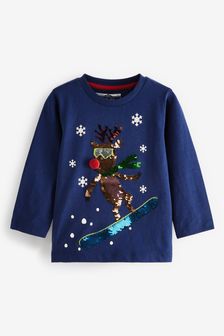 Blue Reindeer Flippy Sequin Long Sleeve Christmas T-Shirt (3mths-7yrs) (A94334) | BGN 24 - BGN 30