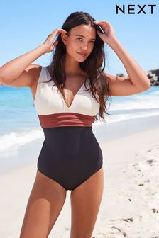 Cream/Brown Plunge Tummy Control Swimsuit (A94536) | $44