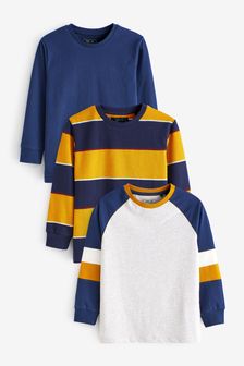 Navy Blue/Ochre Yellow 3 Pack Long Sleeve Colourblock T-Shirts (3-16yrs) (A95366) | 28 € - 43 €