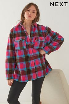 Roz în carouri - Jachetă tip cămașă groasă cu blană sintetică model borg (A95849) | 298 LEI