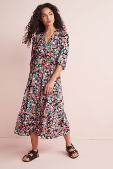 Multi Printed Puff Sleeve V-Neck Dress (A95893) | $47