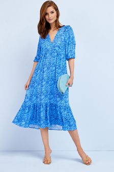 Blue - Printed Puff Sleeve V-neck Dress (A95896) | MYR 160