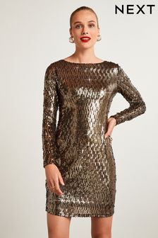 Black/Gold Long Sleeve Sequin Mini Party Dress (A96290) | kr367