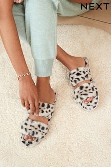 Black & White Dalmation Recycled Faux Fur Two Band Slider Slippers (A96386) | 20 €