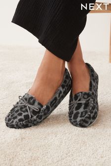 Grey Animal Faux Fur Lined Moccasin Slippers (A96412) | $30