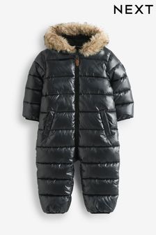 Noir - Combinaison de neige haute brillance imperméable avec garniture de capuche en fausse fourrure (9 mois - 7 ans) (A96725) | 46€ - 51€