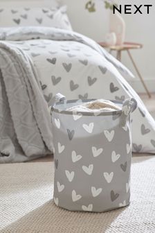Grey Hearts Wipeable Fold Down Printed Laundry Basket