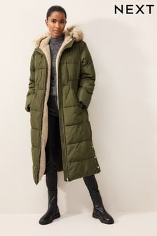 卡其綠色 - 束腰長款夾棉大衣 (A96736) | HK$776