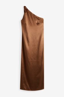 Brown Rochelle Satin One Shoulder Midi Dress (A97319) | ₪ 140