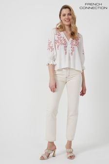 French Connection White Pf Gigi Embroidered Drape Short-Sleeved Top (A98064) | €31