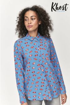 Khost Clothing Langärmeliges Hemd mit Lippenprint, blau (A98083) | 16 €