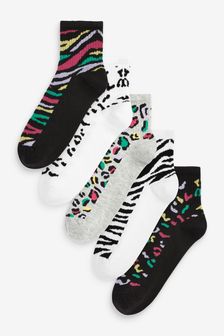 Monochrome Animal Print Cropped Ankle Socks 5 Pack (A98441) | €15.50