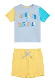 Set cu pantaloni scurți până la genunchi și tricou cu mâneci cu dungi Franklin & Marshall cu albastru (A98639) | 119 LEI - 137 LEI