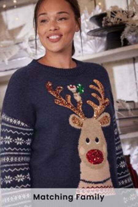 Navy Blue Reindeer Next Fairisle Pattern Sleeve Matching Family Christmas Jumper (A98710) | 22 €