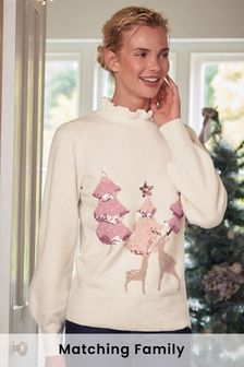 Ecru White Deer Print - Vianočný pulóver (A98732) | €31