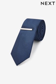 Navy Blue - Slim - Textured Tie And Clip Set (A98765) | kr230