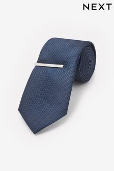 Navy Blue Textured Tie And Clip (A98767) | 85 zł