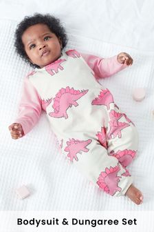 Pink 2 Piece Dino Dungarees And Bodysuit Set (A99239) | $27 - $31