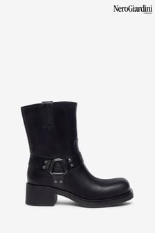 NeroGiardini Black Leather Square Toe Western Ankle Boots (AA0646) | $334