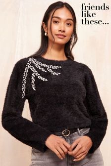 Friends Like These Black Eyelash Embellished Neck Jumper (AA1412) | $64