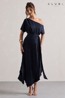 Club L London Blue India Satin Asymmetric Plisse Maxi Dress (AA1676) | SGD 232