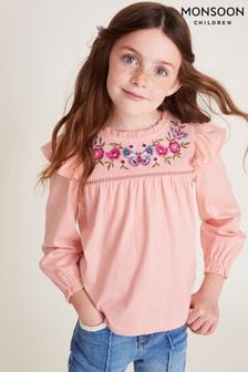 Monsoon Pink Long Sleeve Floral Embroidered 100% Cotton T-Shirt (AA1877) | €24 - €29