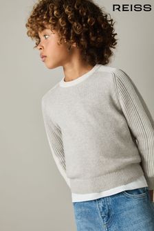 Reiss Grey/White Amis Ribbed-Sleeve Jumper with Cotton and Wool (AA1950) | OMR29