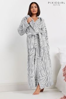 PixieGirl Petite Grey Zebra Clipped Hooded Maxi Robe (AA2829) | $63