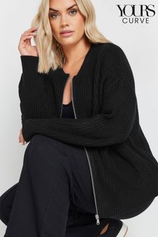 Yours Curve Black Zip Thru Knitted Bomber Cardigan (AA2882) | $62