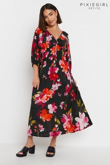 PixieGirl Petite Black Floral Tea Midi Dress (AA3146) | ￥7,690