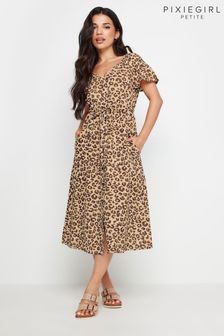 PixieGirl Petite Beige Brown Leopard Print Frill Sleeve Midi Dress With Linen (AA3173) | €60