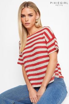 PixieGirl Petite Red Stripe Short Sleeve Crochet Top (AA3272) | SGD 52