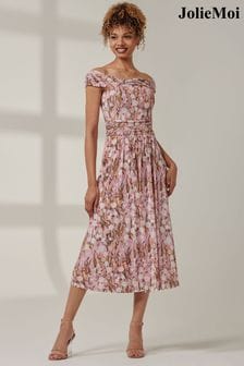 Jolie Moi Pink Bardot Twist Detail Midi Dress (AA4409) | $94
