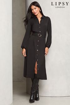 Black midi shirt dress with sleeves discount
