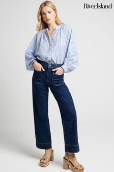 River Island Blue Mid Rise Crop Wide Leg Jeans (AA8417) | $82